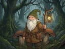 A cheerful fantasy gnome tinkerer surrounded by glowing clockwork gadgets