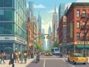 A bustling New York City street blending modern and vintage cultures